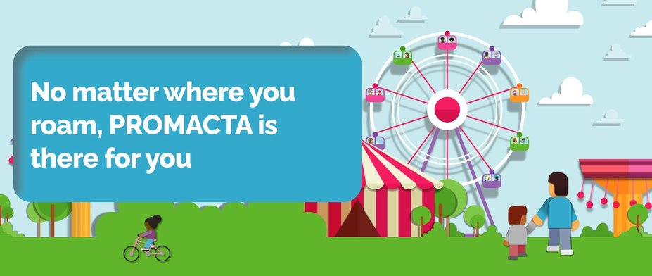 Animated patient portrayal of a family at the carnival with text stating "No matter where you roam, PROMACTA is there for you"